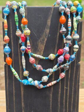 Vintage 1990s Handmade Paper Bead XL Continuous Length Necklace, 36" XL